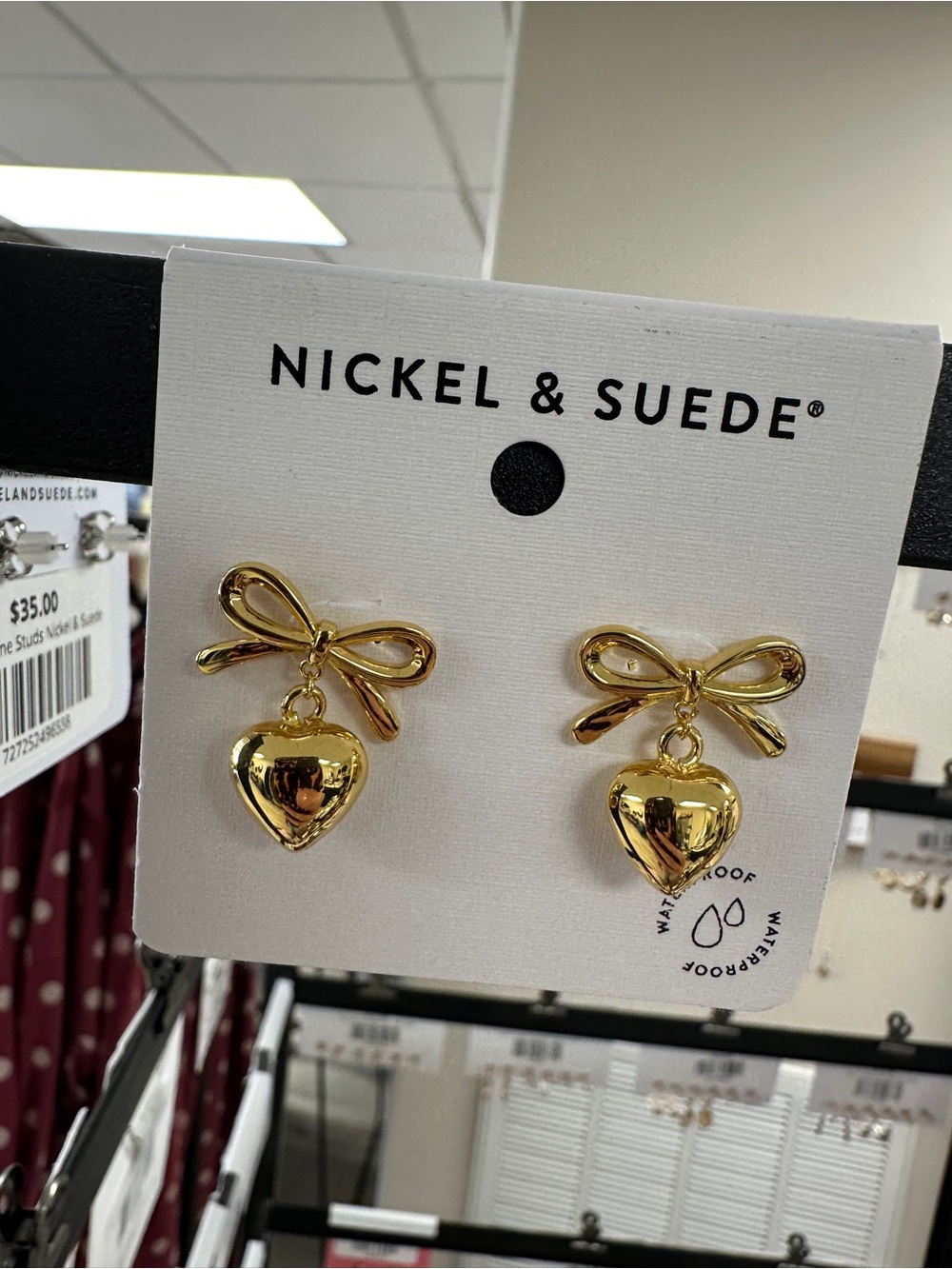 Nickel & suede Gold Bow Heart Drop Earrings